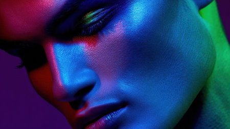 Model showcases striking face makeup under colorful neon lights, highlighting contours and facial features in an artistic display during a photoshoot.の素材