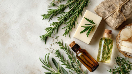 Arrangement of rosemary sprigs, homemade soap, and essential oils on a light surface showing natural skincare elements and herbal benefits.の素材