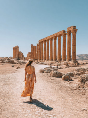 A traveler in a striped dress walks along a dusty path amidst ancient columns under a clear blue sky in Baalbek, Lebanon, during midday.の素材