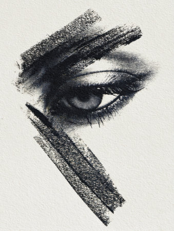 Abstract shapes formed by smudged eyeliner strokes, highlighting unique makeup techniques on paper with the right margin left clear and unmarked.の素材