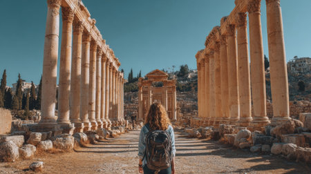 A traveler stands in awe among towering columns of ancient ruins in Baalbek, enjoying a sunny day and appreciating historical architecture and heritage.の素材