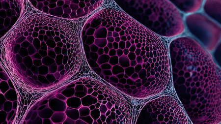 Skin cells are shown regenerating in a digital mesh pattern, highlighting a futuristic approach to beauty with a clean and minimalistic design aesthetic.の素材