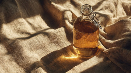 Warm sunlight illuminates a glass bottle filled with amber liquid, resting on soft, textured fabric in a tranquil indoor space, creating a serene atmosphere.の素材