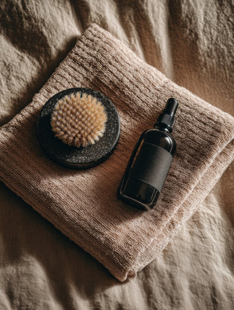 Soft fabric showcases a skincare setup featuring a brush, a sleek black bottle, and a folded towel, perfect for a calming beauty ritual at home.の素材