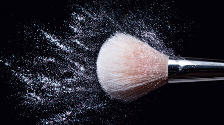 A powder brush releases a delicate cloud of shimmer in a captivating manner, showing the fine particles catching light in a dark setting.の素材