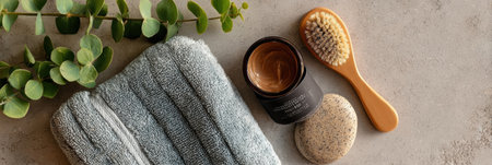 A calming arrangement showcases a plush towel, a smooth stone, a brush, and a jar of cream, perfect for a tranquil self-care routine.の素材