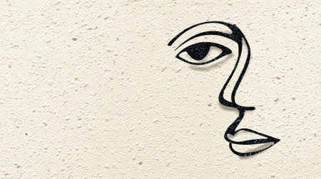 Monochrome minimalist line drawing captures a face with elegant simplicity, set against a warm cream textured background, enhancing its modern appeal.の素材