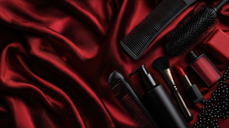 A stylish collection of red carpet beauty tools displayed on luxurious black satin.の素材