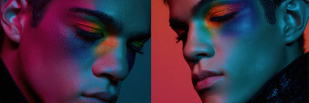 Creative makeup design emphasizes striking colors on a models face, capturing the essence of contemporary fashion and artistic expression under bright lights.の素材