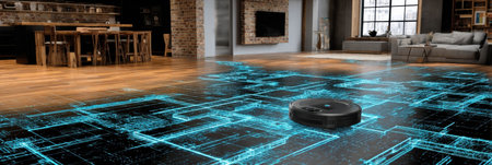 A robot vacuum navigates a stylish living room filled with wooden furniture while a digital floor plan is projected on the floor, highlighting the layout.の素材
