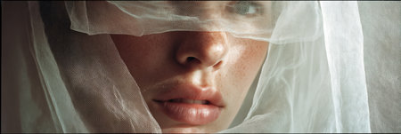 Illuminated skin shines softly through a delicate veil, imparting a dreamlike quality while the right section remains clean and uncluttered.の素材