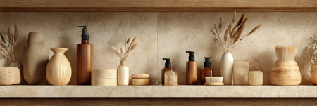 Shelves showcase a variety of natural beauty products in warm tones, accompanied by decorative vases and dry plants, creating a serene atmosphere.の素材