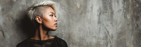 Model poses confidently with a short edgy undercut hairstyle, highlighted by a spotlight against a textured urban grunge wall in an artistic studio.の素材