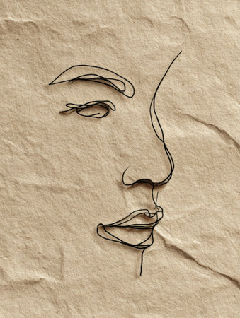 Graceful minimalist line drawing of a face features monochrome lines on a cream textured background, creating a serene and elegant aesthetic.の素材