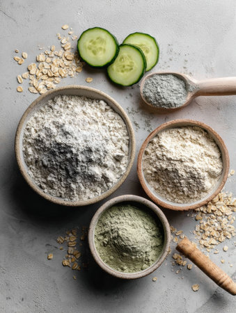 Different types of flour and powder are arranged in bowls alongside fresh cucumber slices on a concrete surface, highlighting natural ingredients for cooking.の素材