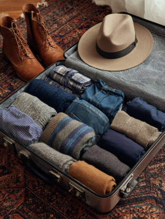 A suitcase filled with neatly rolled clothing, a hat, and brown boots, showcasing an organized and fashionable packing strategy for travel.の素材