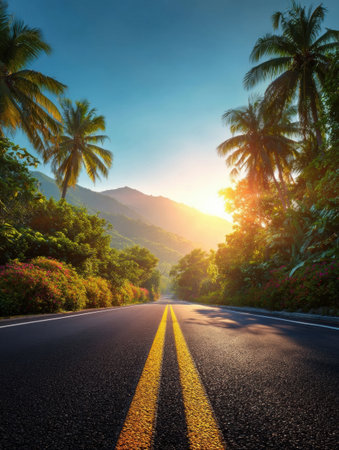 A tropical road stretches ahead, framed by lush palm trees as the sun rises, casting warm light over the vibrant landscape and distant mountains.の素材