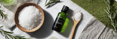 Natural ingredients including salt, oil, and herbs laid out on a marble surface, ideal for creating a calming spa experience at home.の素材