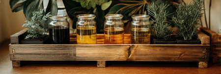 A wooden tray showcases glass jars filled with various oils alongside small pots of herbs, creating a warm and inviting atmosphere in a home.の素材