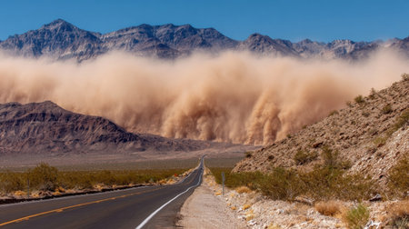 A massive dust storm rises in the distance, approaching a long, empty road surrounded by rocky mountains and sparse desert vegetation in bright sunlight.の素材