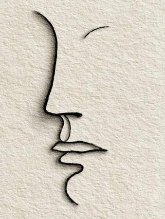 Minimalist face line drawing in monochrome on a cream backdrop showcases modern design and artistic serenity.の素材