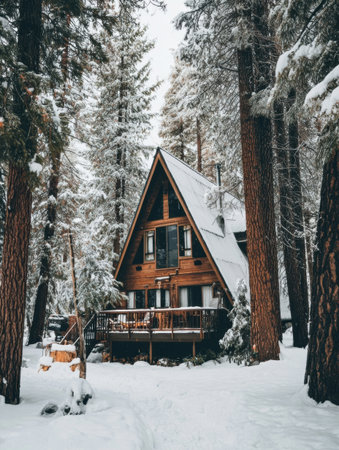 A cozy wooden cabin with an A-frame design is surrounded by tall pine trees, blanketed in fresh snow during a peaceful winter afternoon.の素材