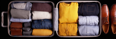 A suitcase is filled with neatly arranged clothing, showing a variety of colors and styles, alongside a pair of brown leather shoes ready for travel.の素材