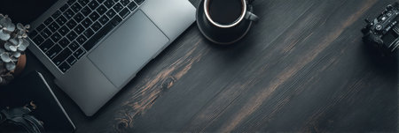 A modern workspace with an open laptop, a steaming coffee cup, and a vintage camera situated on a dark wooden desk, creating a cozy atmosphere.の素材