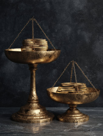 Gold scales with chains hold stacked coins on each side, representing the balance of wealth against a dark, textured backdrop.の素材