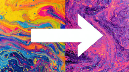 Vibrant swirls of color blend from blue and yellow on one side to pink and purple on the other, featuring a bold, white arrow directing movement.の素材
