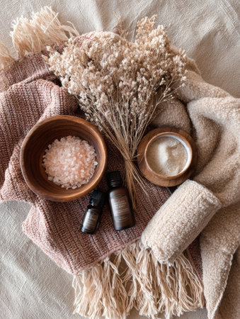 A tranquil arrangement with bowls of bath salts, essential oils, and dried flowers, set on a soft, textured blanket in a serene atmosphere.の素材
