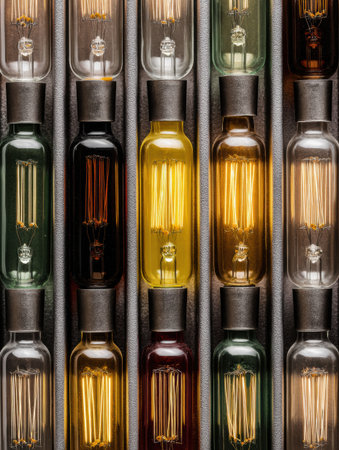 Set of daily ampoules arranged orderly with studio lighting highlighting their distinct colors and forms, presenting an attractive and stylish displayの素材