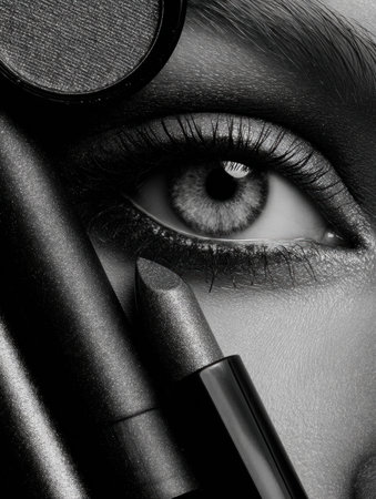 An editorial layout features monochrome eye and lip products, highlighting textures and shapes while leaving space at the top for custom text or branding.の素材