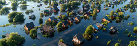 Vast floodwaters engulf numerous rural homes, highlighting the impact of rising water levels in a serene landscape under a soft morning light.の素材