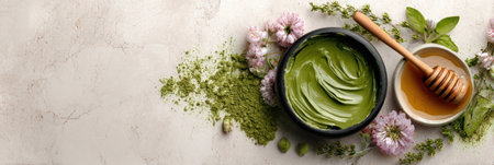Green clay mask is being prepared with honey and fresh herbs arranged attractively on a light textured background emphasizing natural beauty treatment.の素材