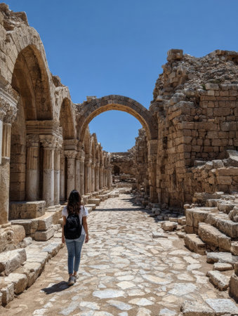 A person walks along a stone pathway surrounded by ancient ruins and arches, enjoying the historic atmosphere on a sunny day.の素材