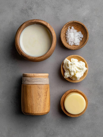 Various dairy products including cream, butter, and salt piled in wooden bowls on a smooth gray surface, showing an elegant culinary presentation.の素材