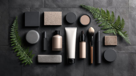 A fusion of skincare and makeup products arranged harmoniously with spa tones, creating an inviting atmosphere ideal for beauty enthusiasts and experts.の素材