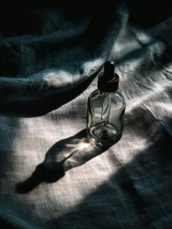 A glass dropper bottle sits peacefully on wrinkled fabric, illuminated by gentle light creating delicate shadows that enhance the tranquility of the settingの素材