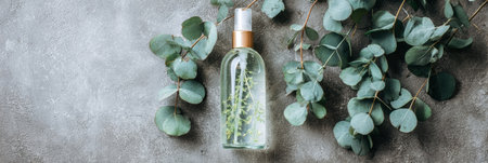 A glass bottle filled with clear liquid and infused with eucalyptus leaves rests on a gray surface surrounded by fresh greenery, showing a serene atmosphere.の素材