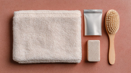 A soft white towel, a bar of natural soap, a wooden brush, and a small package are neatly arranged on a smooth surface, creating a calm atmosphere.の素材