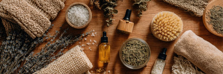 A variety of natural wellness products are displayed on a wooden surface, including oils, herbs, sea salt, and textured fabrics, creating a calming atmosphere.の素材