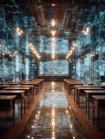 An advanced classroom features illuminated digital projections on transparent walls, with rows of wooden desks arranged neatly for students.の素材