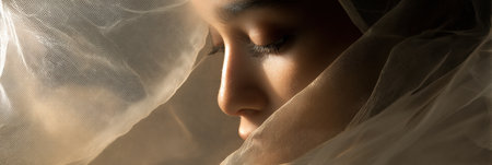 Soft light baths illuminated skin as a delicate veil drapes around a serene face, highlighting gentle features in a tranquil moment at dusk.の素材