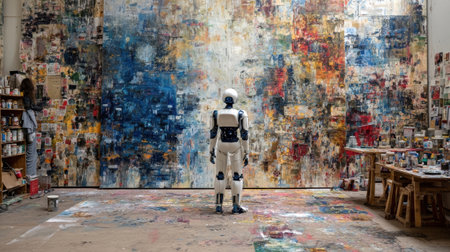 A humanoid robot stands in front of a vibrant abstract painting in a spacious art studio, surrounded by paint containers and artistic tools.の素材