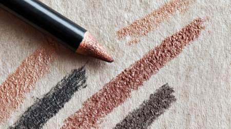 Soft eyeshadow smears and precise eyeliner strokes adorn textured paper, leaving the left side blank for creative expression and artistic exploration.の素材