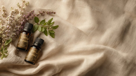 Two dark glass bottles of essential oils sit beside fresh herbs on light-colored fabric, evoking a sense of tranquility and natural wellness.の素材