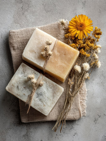 Two handcrafted soap bars, yellow and green, tied with twine, sit on fabric with dried flowers, enhancing their natural beauty.の素材