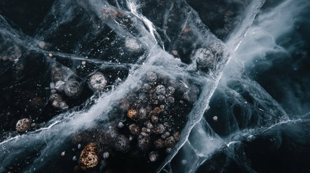 Clear ice covering a river reveals dark stones underneath, creating intricate patterns and bubbles, showing natural winter beauty.の素材