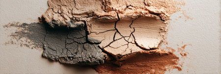 Natural clay mask shown cracking on skin in earthy tones with a clean background, highlighting the texture and earthiness of the ingredients present.の素材